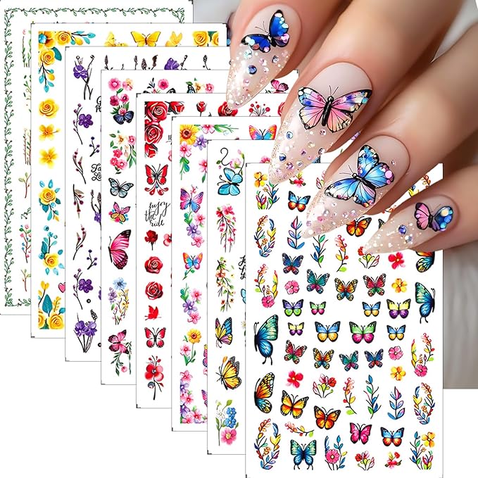 8 Sheets Butterfly Flower Nail Stickers Colorful Butterfly Nail Art Stickers 3D Self-Adhesive Floral Nail Decals for Nail Art Rose Green Leaf Cute Spring Design Nail Supplies for DIY Charms