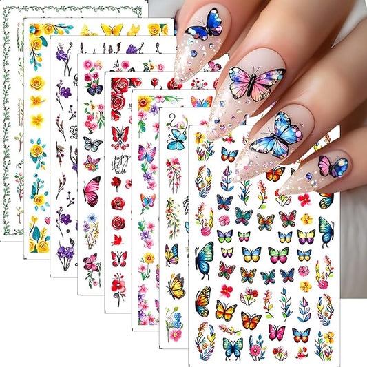 8 Sheets Butterfly Flower Nail Stickers Colorful Butterfly Nail Art Stickers 3D Self-Adhesive Floral Nail Decals for Nail Art Rose Green Leaf Cute Spring Design Nail Supplies for DIY Charms