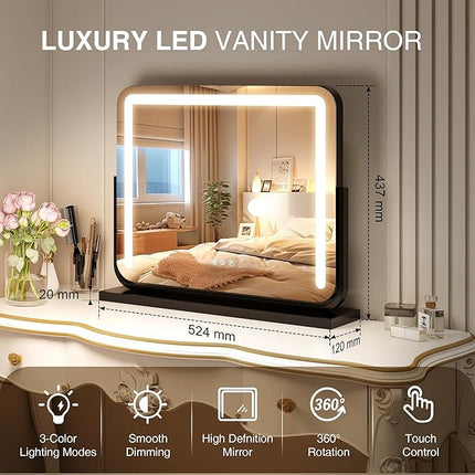 Vanity Mirror with Lights 21"×15.7" LED Makeup Mirror,Dimmable Smart Touch Control Mirror with Lights for Bedroom Tabletop, 360° Rotation,Vanity Mirror Square Black,Ideal Gifts for Her