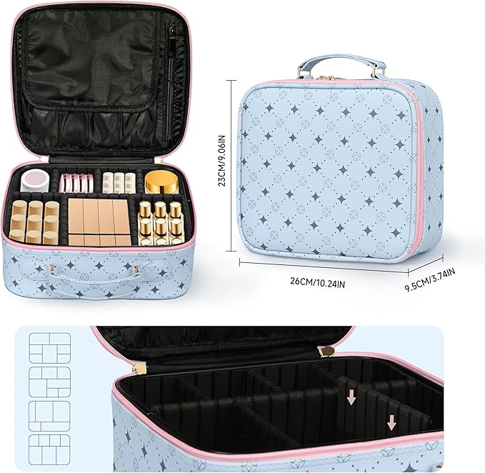 Travel Makeup Bag,Waterproof Cosmetic Organizer, Adjustable Dividers,Portability Cosmetic Train Case,Makeup organizer,Gift for Women,Girls Gift (Blue+Pink)