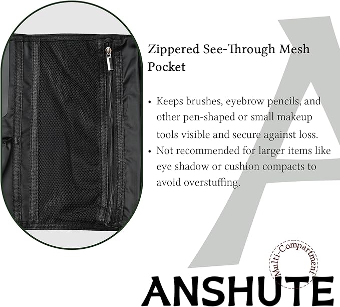 Travel-Ready Makeup Brush Organizer Bag Black - Multi - Zone 9.25 in × 16.2 in PU Leather Cosmetic Case, Makeup Brush Holder, Makeup Brush Case