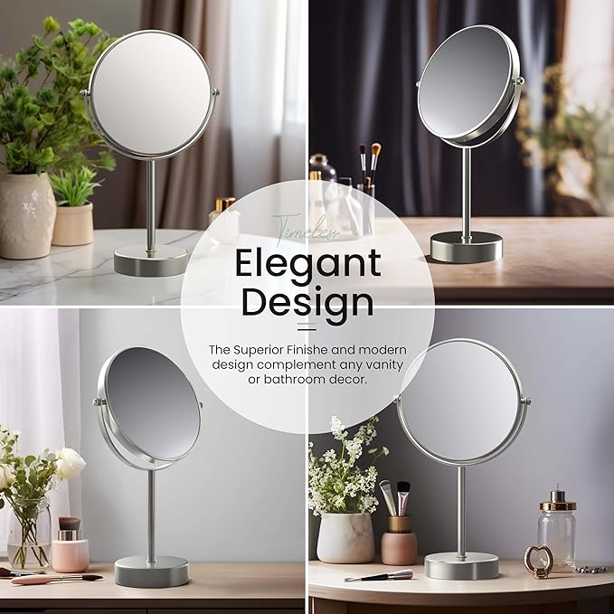 KIBI Free Standing Magnifying Makeup Mirror | Dual-Sided 1X/5X Magnification | 360° Rotating Vanity Mirror for Precise Grooming, Skincare & Beauty (Brushed Nickel, KMM103)