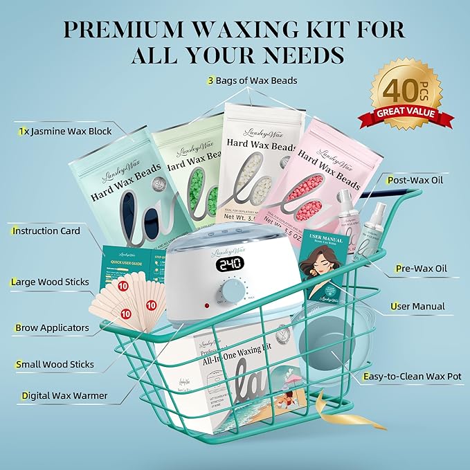 LANSLEYWAX Digital Waxing Kit for Women Men - Blue Waxing Machine with 39 Accessories - Hard Wax Kit for Arms Legs Brazilian Bikini Facial Sensitive Skin, Wax Warmer Hair Removal for Home/Salon Use