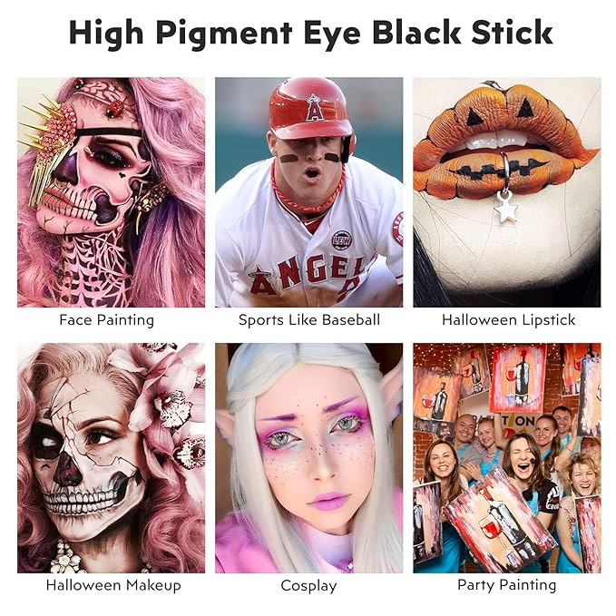 Black Face Body Paint Stick, Matte Lipstick, Football Baseball Eye Stick Pen, Long Lasting Makeup for Halloween Zombie Clown Vampire Skeleton Skull Joker Cosplay