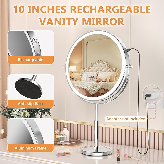 Hasipu 10" Lighted Makeup Mirror with 7X Magnification, Rechargeable Vanity Mirror with Lights, 3 Color Modes, Adjustable Height & 360° Rotation