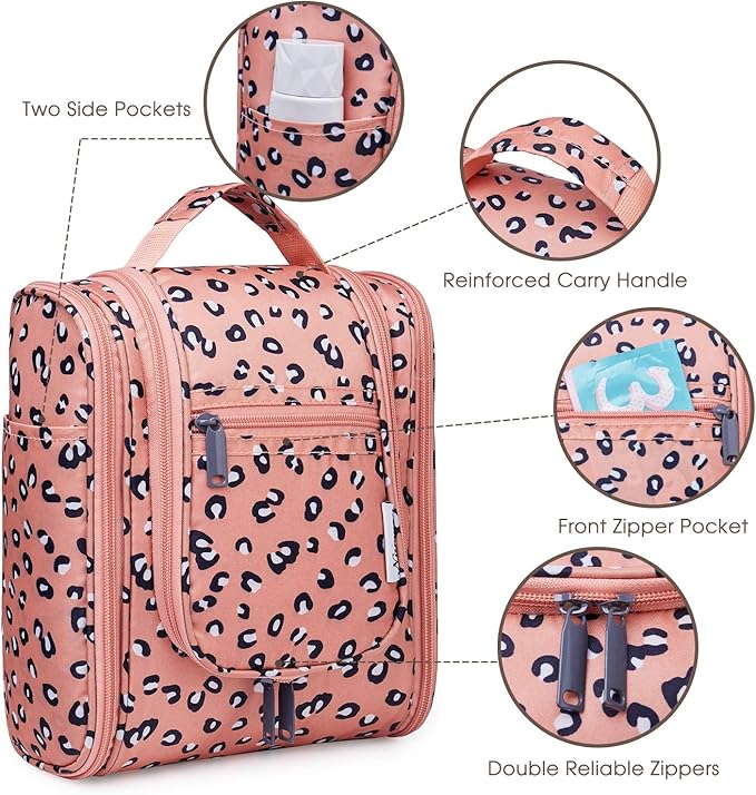 Narwey Cheetah Small Hanging Toiletry Bag Women Travel Makeup Bag Organizer Toiletries Bag for Travel Size Essentials Accessories Cosmetics (Medium, Orange Leopard)