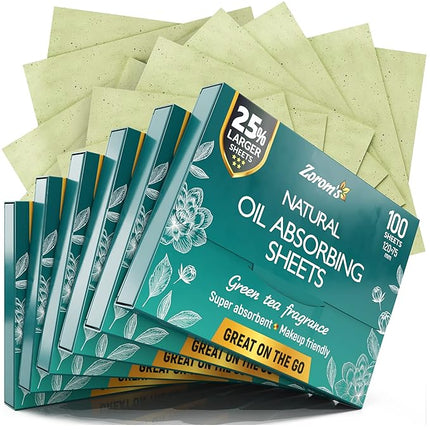 Natural Green Tea Oil Blotting Sheets - 25% Larger (4.7x3") - 600 Makeup Friendly Papers for Face - Easy Dispensing Oil Absorbing Sheets