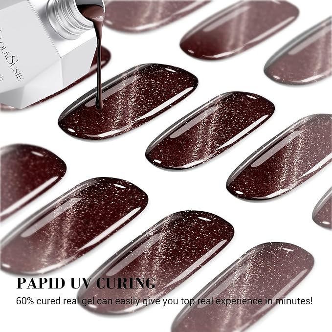 MelodySusie Semi Cured Gel Nail Strips (Wine Red Cat Eye)- Works with Nail lamp, Salon-Quality, Long Lasting, Easy to Apply & Remove - Includes 20Pcs, 2 Prep Pads, Nail File & Wooden Stick