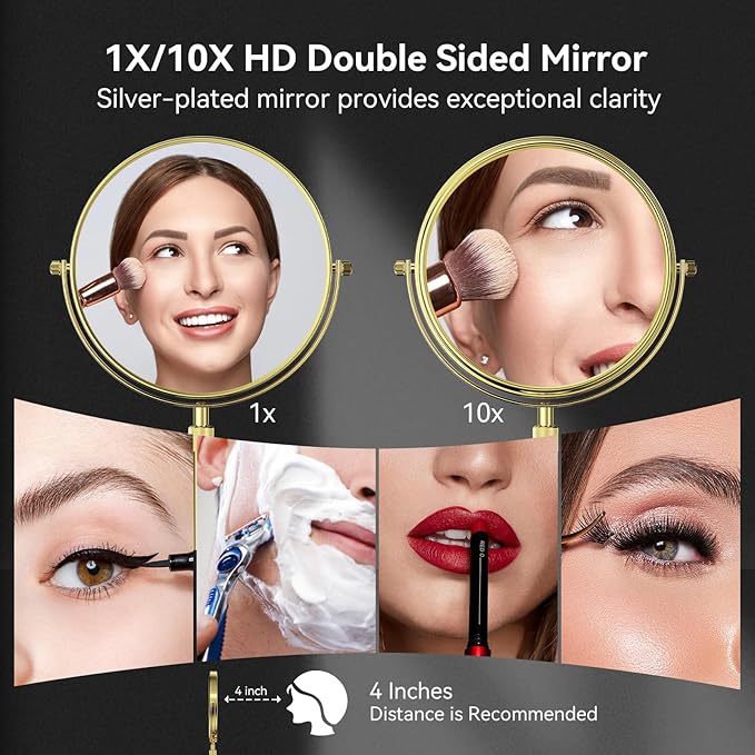 Nicesail Height Adjustable 15~19” Tall Table Mirror, 1X 10X Magnifying Mirror Double Sided for Makeup&Shaving, Desk Vanity Mirror Tabletop 360 Rotation of 8” Face, Bathroom Shiny Gold Makeup Mirror