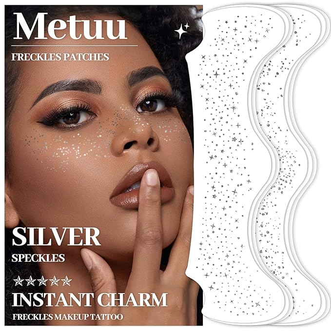 24 PCS Silver Glitter Freckle Tattoos, Glitter Freckle Face Temporary Tattoo, Glitter Face Makeup Accessories, Easy to Remove, Waterproof, 2 Designs