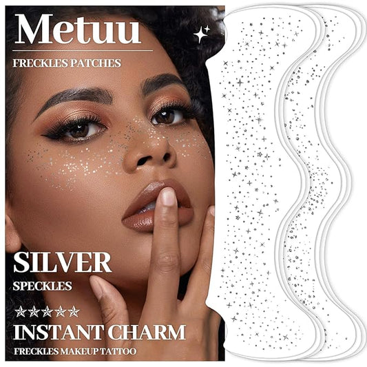 24 PCS Silver Glitter Freckle Tattoos, Glitter Freckle Face Temporary Tattoo, Glitter Face Makeup Accessories, Easy to Remove, Waterproof, 2 Designs