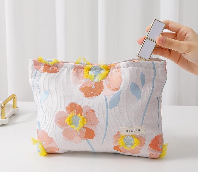 2 Pcs Makeup Bags, Large Cosmetic Bag Travel Toiletry Bag Organizer for Women, Embroidery Craft, Floral Makeup Bag Small Cosmetic Pouch Purse with Zipper Gifts for Girls Teen
