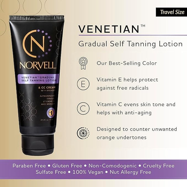 Norvell Venetian Sunless Self Tanner Gradual Color Extender Moisturizing Lotion, Travel Size 2.5 fl.oz - Self Tanning Cream with Violet and Brown Tone