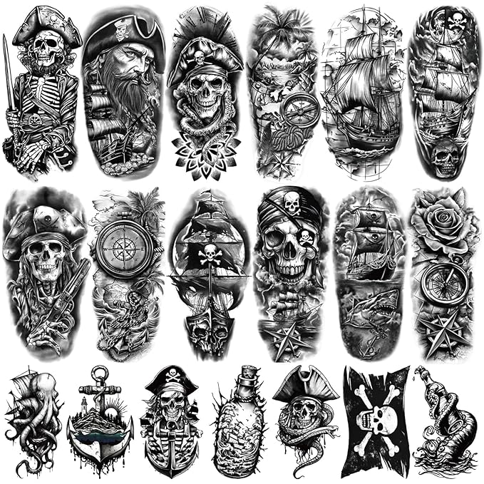 77 Sheets Pirate Temporary Tattoos Adult,Captain Anchor Compass Sailboat Tattoos, Pirate Ships Flag Skull Crossbones Sailor Fake Tattoo for Costume, Halloween Fake Arm Tattoos for Men Women Kids