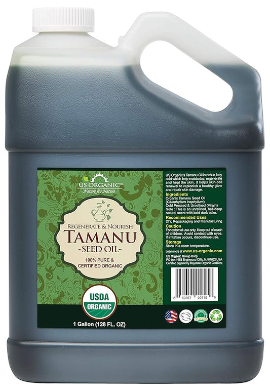 US Organic Tamanu Oil Bulk pack, USDA Organic, 100% Pure Virgin Cold Pressed Unrefined, Dark Green Color_Sourced from Southeast Asia, Size for DIY and small manufacturers (128 oz (1 Gallon))
