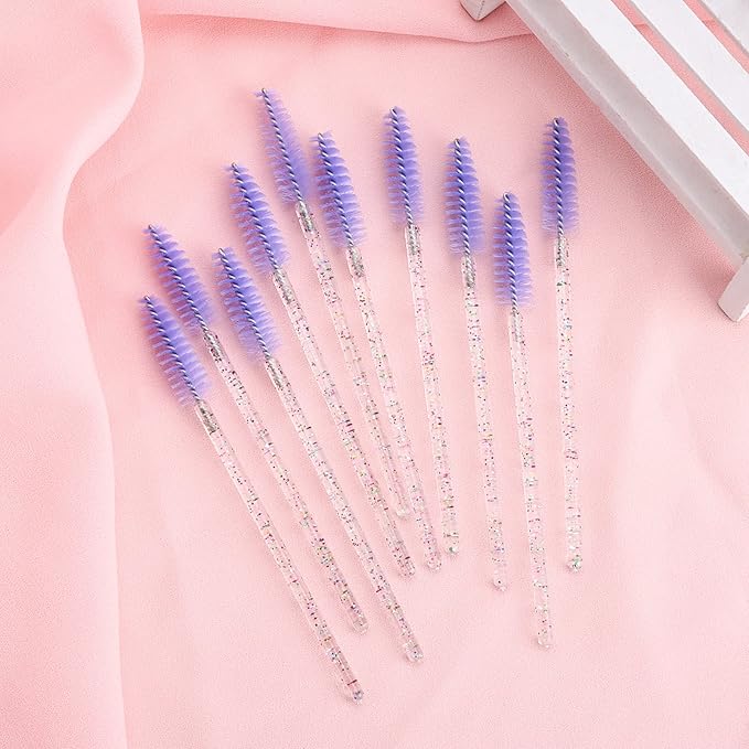 BTYMS 200 Pcs Disposable Mascara Wands Lash Applicator Brush Brow Spoolies for Eyelash Extension with Crystal Handle Purple