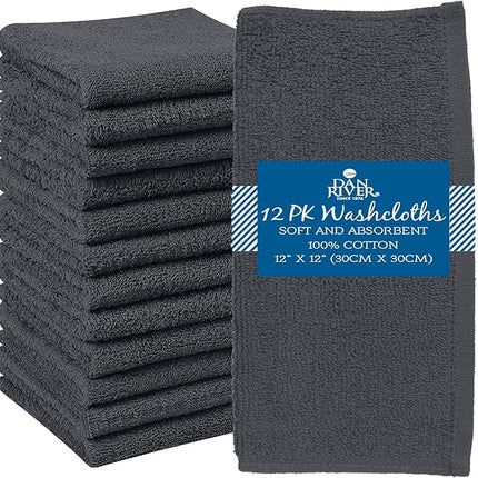 DAN RIVER 12 Pack Wash Cloths for Showering [12x12] - 100% Cotton Washcloths Premium Quality Flannel Face Cloths for Bathroom, Highly Absorbent and Soft Feel Wash Clothes, Charcoal