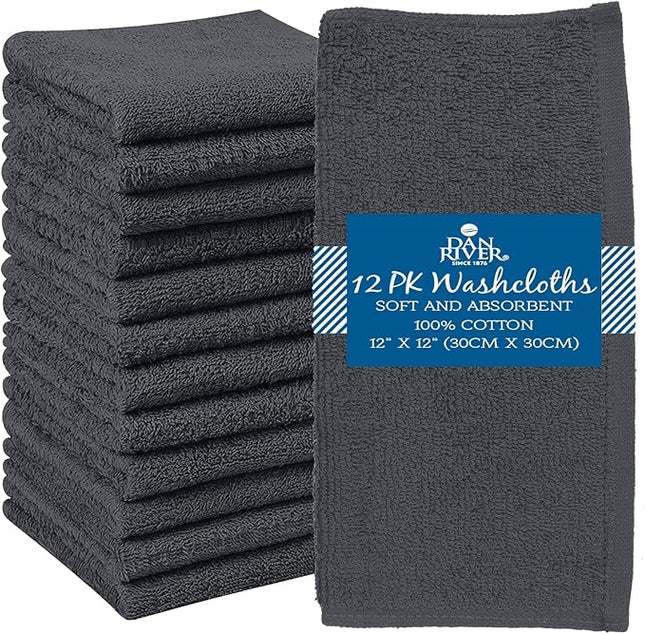 DAN RIVER 12 Pack Wash Cloths for Showering [12x12] - 100% Cotton Washcloths Premium Quality Flannel Face Cloths for Bathroom, Highly Absorbent and Soft Feel Wash Clothes, Charcoal