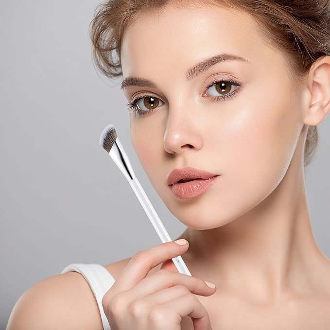 ENERGY Concealer Brush, Under Eye Makeup Small Angled Kabuki Precision Face Blending Brush-Liquid Cream Foundation Concealer for Dark Circles, Make Up Nose Contour Applicator Vegan with Cover (White)