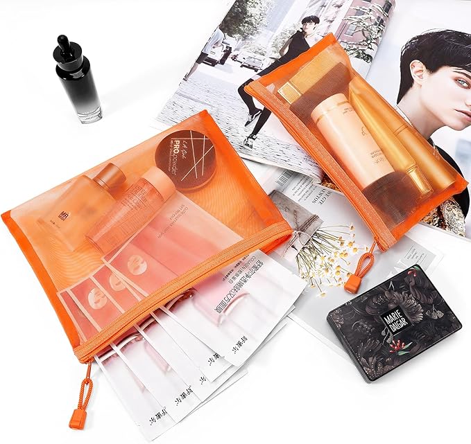 12 Pieces Zipper Nylon Mesh Pouch, Mesh Cosmetic Bags Makeup Bags Pencil Case, Multipurpose Travel Bags for Cosmetic School Office Supplies and Travel Accessories (Orange, A5+B6)