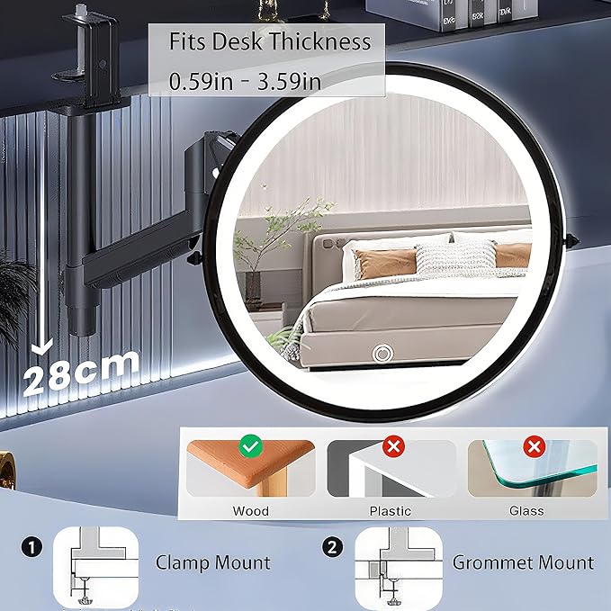 Extendable Arm Makeup Mirror with Lights, 15.75 Inch Vanity Mirror with Clamp and Grommet Base, Adjustable Stand 3-Color Dimmable Lighting Magnifying Mirror for Nearsighted