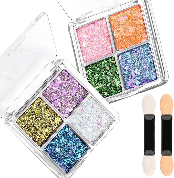 FANDAMEI Face Glitter Palette, 2PCS 8 Colors Glitter Gel for Face, Body Glitter for Women, Hair Glitter for Kids, Halloween Fairy Rave Mermaid Makeup Glitter
