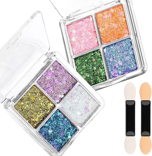 FANDAMEI Face Glitter Palette, 2PCS 8 Colors Glitter Gel for Face, Body Glitter for Women, Hair Glitter for Kids, Halloween Fairy Rave Mermaid Makeup Glitter
