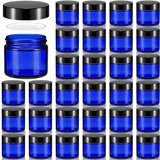 Domensi 32 Pcs 2 oz Glass Jars with Lids Travel Size Round Leakproof Empty Cosmetic Jars with Inner Liners Lid for Storing Makeup Lotions Face Cream Ointments Candle DIY Making (Cobalt Blue)