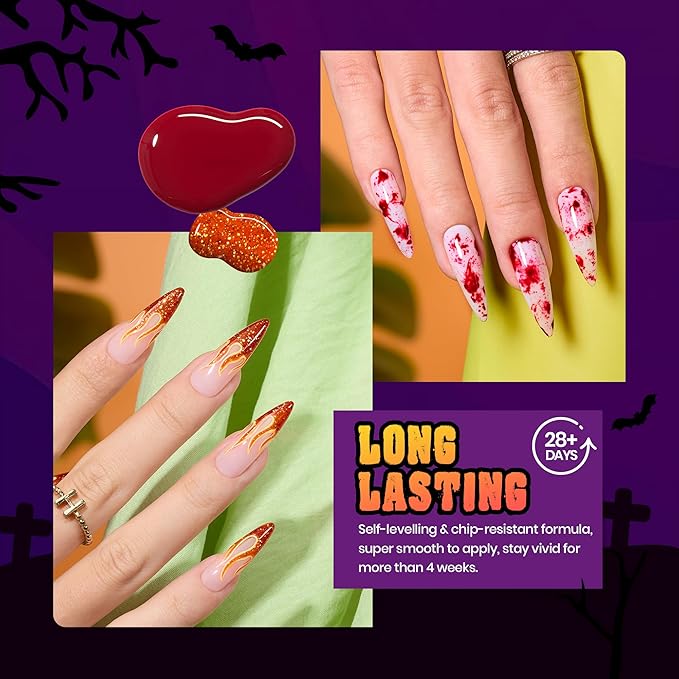 Beetles Halloween Gel Nail Polish Set - Hocus Pocus 6 Colors Gel Polish Kit, Orange Green Purple Black Red Glitter Fall Colors, Soak Off Nail Lamp UV LED Cured Nail Art Design Manicure Gift for Women