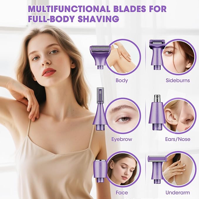 Karrte 6-in-1 Electric Razor for Women's Pubic Hair, Painless Body Shaver and Facial Epilator, Hair Removal for Face, Bikini Trimmer for Women's Private Area Purple
