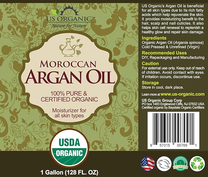 US Organic Moroccan Argan Oil, USDA Certified Organic,100% Pure & Natural, Cold Pressed Virgin, Unrefined, Origin_Morocco, Size for DIY and small manufacturers (128 oz (1 Gallon))