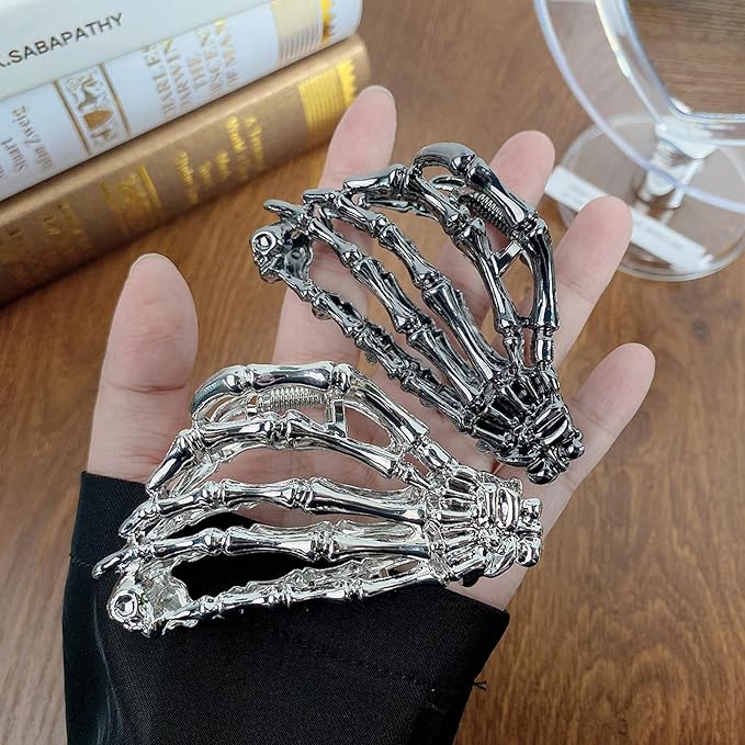 2 Pcs Halloween Hair Clips Black Sliver Skeleton Hand Hair Claw Clips Metal Non Slip Hair Claw Gothic Claw Clip Halloween Hair Accessories for Women's Thick or Thin Hairs