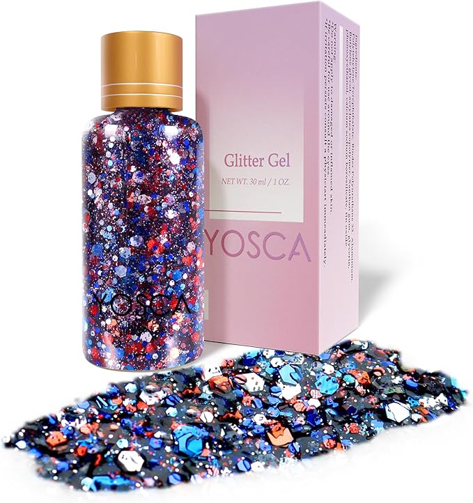 Yosca Body Glitter Gel, 30ML Red White Blue Chunky Face Glitter, Patriotic Glitter Hair Glitter for Memorial Day 4 of July Independence Day Veterans Day Flag Makeup Party Rave Accessories