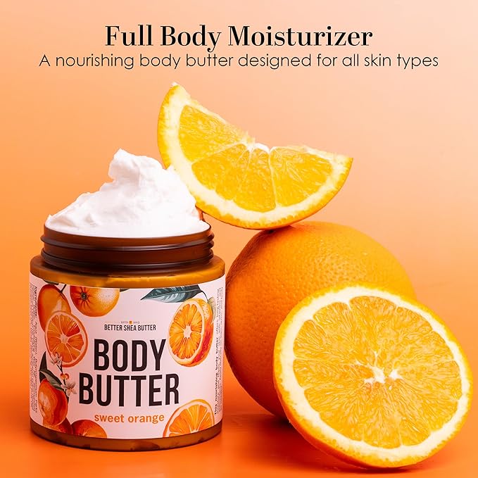 Sweet Orange Body Butter - Raw Shea Butter with Jojoba Oil, Orange Vanilla Body Lotion Scented with Essential Oils, No Synthetic Fragrances, Full Body Moisturizer for Dry Skin