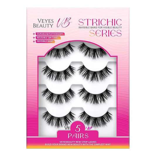 VEYESBEAUTY False Eyelashes Wispy Lashes Lightweight Natural Look Fluffy 3D Layered Volume Faux Mink Thin & Invisible Band BoldBloom Lashes, Comfortable and Reusable, 5 Pairs