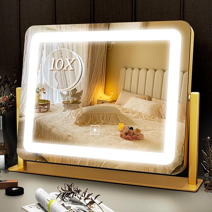 Gold Vanity Mirror with Lights 15" x 12", Lighted Makeup Mirror with 10X Magnification, 3 Color Lighting & Dimmable Brightness, Make Up Mirror with Lighting for Bedroom Tabletop