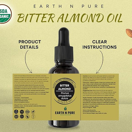 Earth N Pure Bitter Almond Oil (Badam Oil) Cold Pressed, Therapeutic Grade for Body, Skin, Hair 50 ml