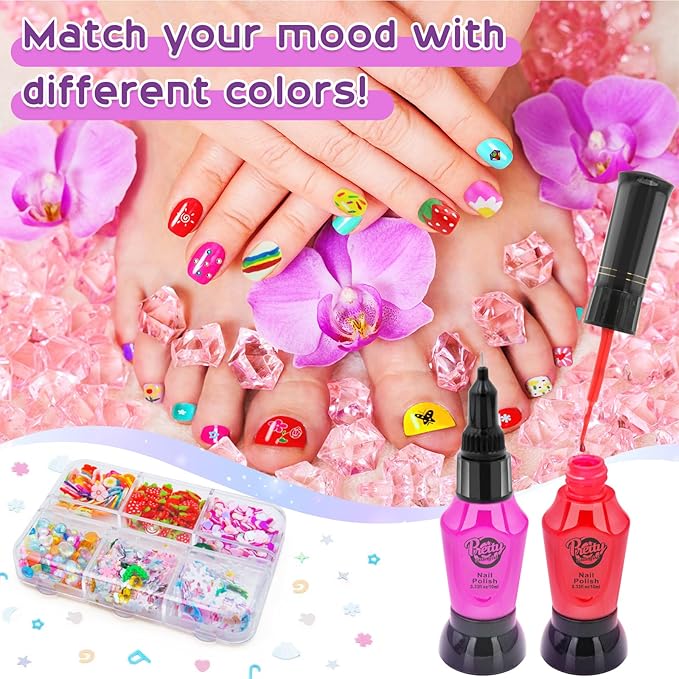BATTOP Kids Nail Art Kit for Girls Ages 7-12 with Nail Dryer & 2 in 1 Water Based Nail Polish Pen & 3D Decoration & Sticker and Nail Flier - Idea Birthday Gifts for Girls 7 8 9 10 11 12