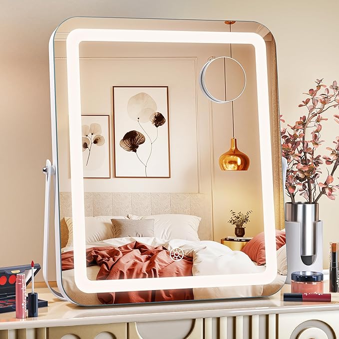 MINISO Vanity Mirror with Lights,11.4" x 14" LED Makeup Mirror, Light & Brightness Adjustment, Smart Sensor, 360°Rotation, Aluminum Alloy Metal White Frame, with 5X Magnifying Glass