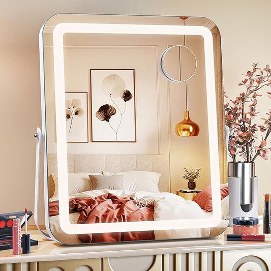 MINISO Vanity Mirror with Lights,11.4" x 14" LED Makeup Mirror, Light & Brightness Adjustment, Smart Sensor, 360°Rotation, Aluminum Alloy Metal White Frame, with 5X Magnifying Glass