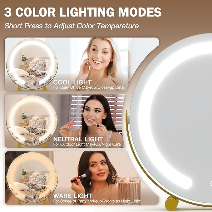 Gold Vanity Mirror, 12 Inch Makeup Mirror with Lights, Large Lighted Vanity Mirror, Light Up Mirror with Smart Touch 3 Colors Dimmable, Tabletop, 360° Rotation