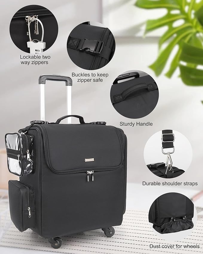 Relavel Rolling Makeup Train Case with Large Clear Makeup Bag, Hairstylist Traveling Bag with 4 Wheels, Cosmetic Storage Organizer Hair Stylist Travelling Bag with Adjustable Dividers & Shoulder Strap