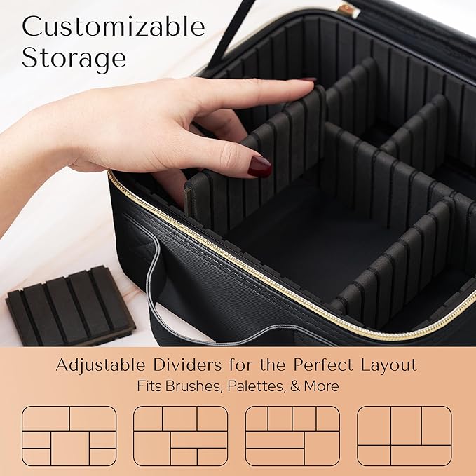 Makeup Bag with LED Mirror – Travel Cosmetic Organizer with Lighted Mirror, Adjustable Dividers & Brush Holder Storage – Portable PU Leather Makeup Case for Women & Girls - Black