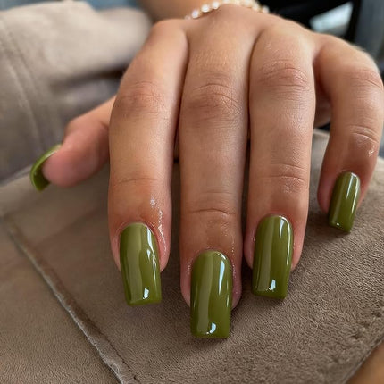 Olive Green Press on Nails Long Square, KXAMELIE Medium Coffin Nails Press ons Long Glue on Nails Natural Thick Fake Long Nails Acrylic Nails Reusable 24 Fake Nails Solid Color False Nails for Women