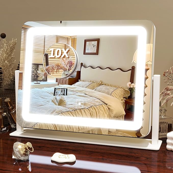 FENNIO Vanity Mirror with Lights, 12" x 16" Lighted Makeup Mirror with Smart Touch Control, 3 Color Modes & Brightness Adjustable, LED Makeup Mirror with 10X Magnification, 360° Rotation for Bedroom