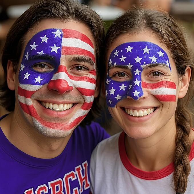 US Flag Red White Blue Face Painting Kit, 3 Colors Facepaint + 3PC Sponge + Brush for Halloween Costume Clown Joker, Eye Black for Sports & 4th of July Independence Day America’s Patriotic Parades