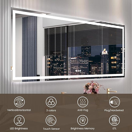 84"X40" LED Bathroom Mirror with Front Lights and Backlit, Anti-Fog, Dimmable, Shatter-Proof Tempered Glass, Lighted Bathroom Vanity Mirror for Wall with 3 Colors, Memory Function
