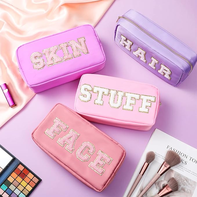 Cunno 4 Pcs Preppy Makeup Bags Chenille Letter Stuff Bag Nylon Cosmetic Pouch Cases with Zipper for Women Travel Toiletry