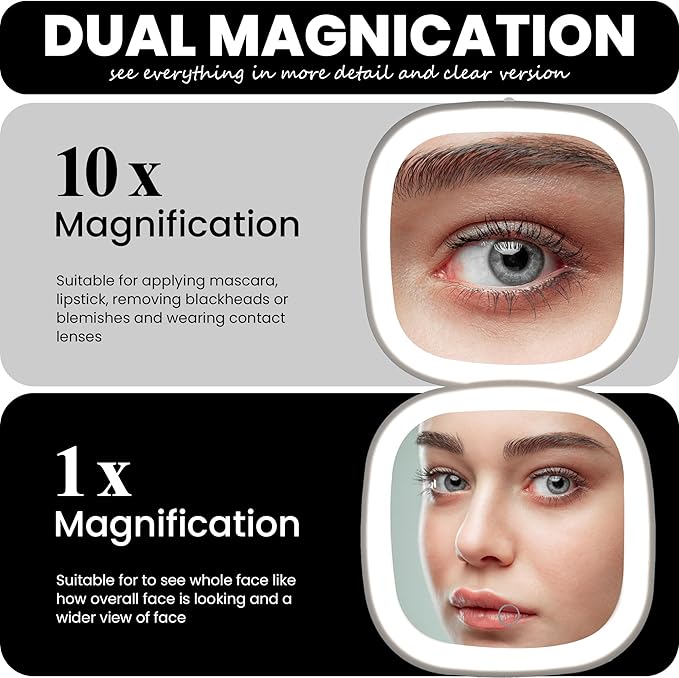 Compact LED Mirror, 3.9 inches 1X &10X Magnification, Auto ON/Off, USB Charging, 3 Light Setting & Dimmable, (Black)