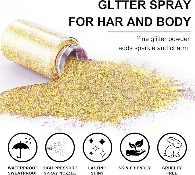 Hair and Body Glitter Spray, 1PC Hair Glitter Extra Fine Face Shimmer Powder for Clothes, Festival Loose Sparkle Powder for Rave Clothes Nail Art Easter Halloween Crafts (Sparkling Gold)